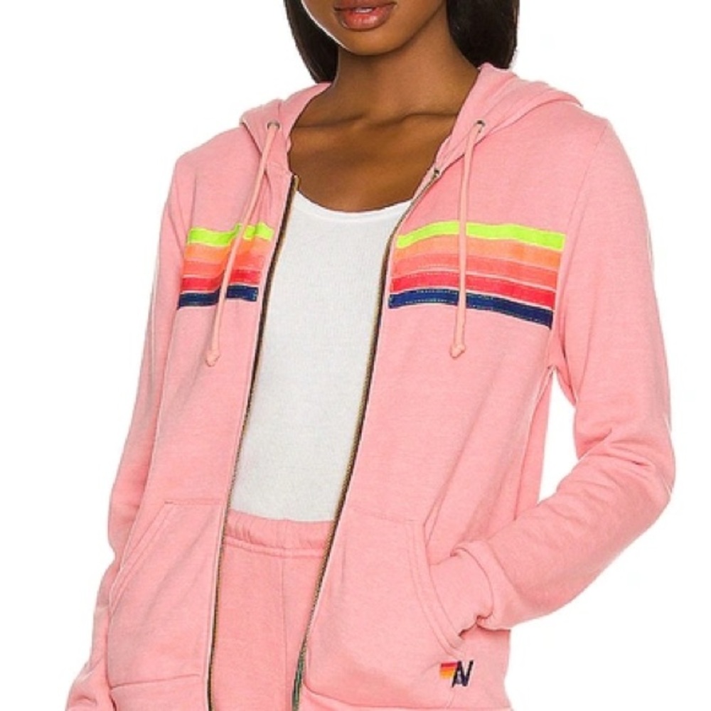 Women's Pink Hoodie with Multicolor Stripes